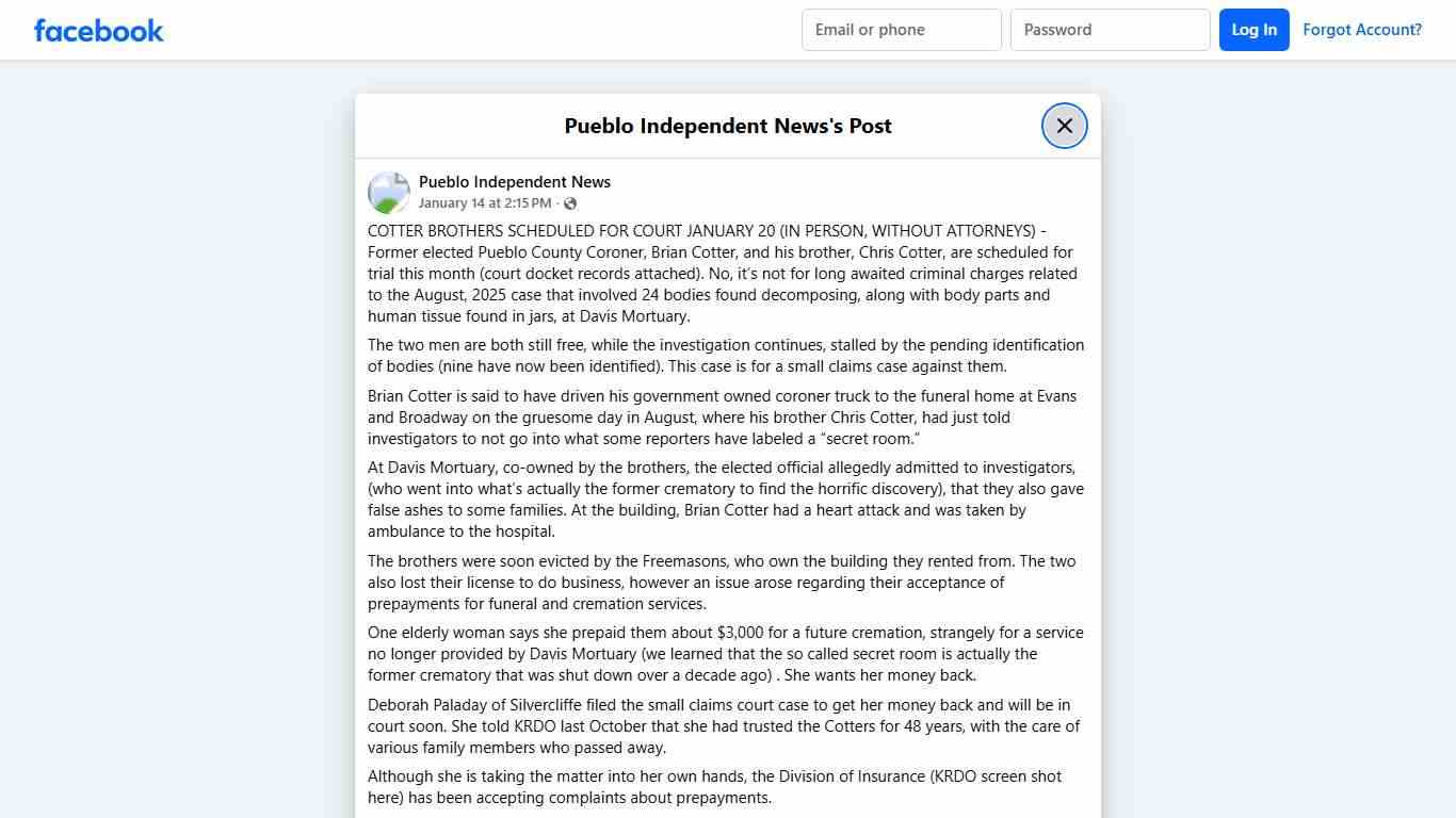 COTTER BROTHERS SCHEDULED FOR... - Pueblo Independent News Facebook